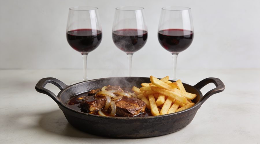 Carbonade flamande fumante avec frites, verres de vin rouge alignes