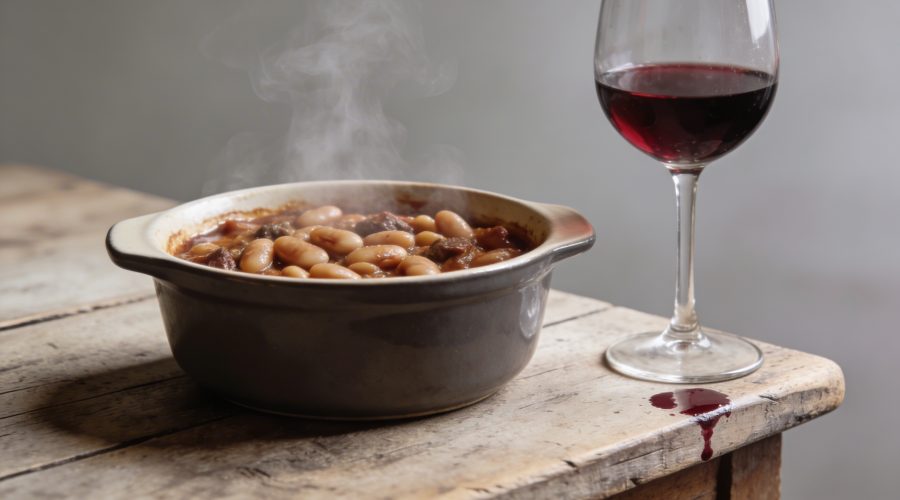 Plat de cassoulet fumant sur table rustique avec verre de vin rouge