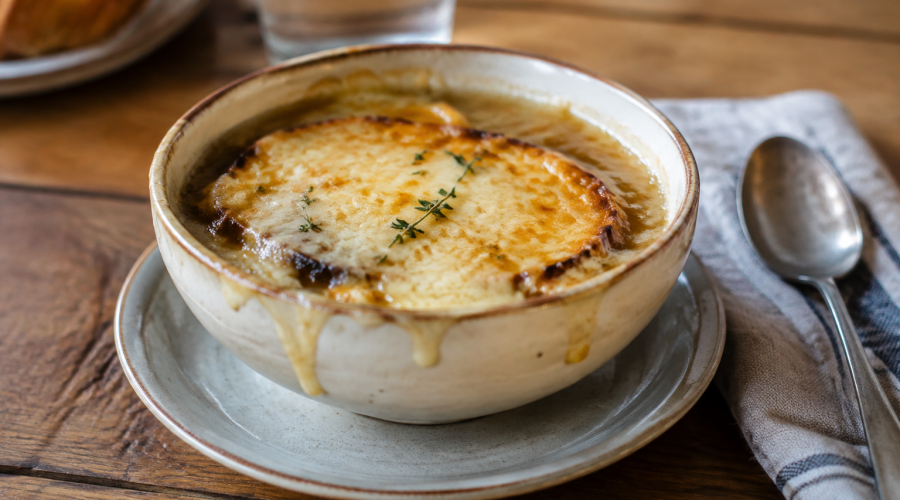 Bol de potage gratine au fromage fondu sur table