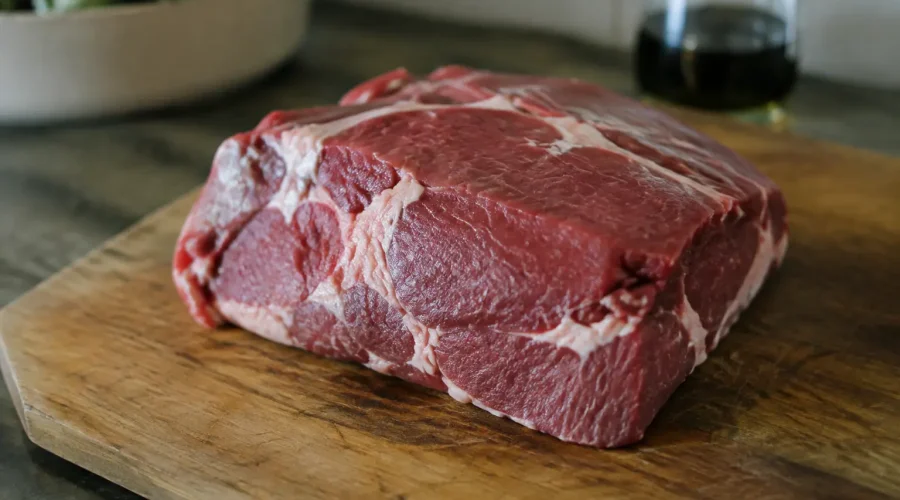 Gros morceau de viande crue sur planche en bois