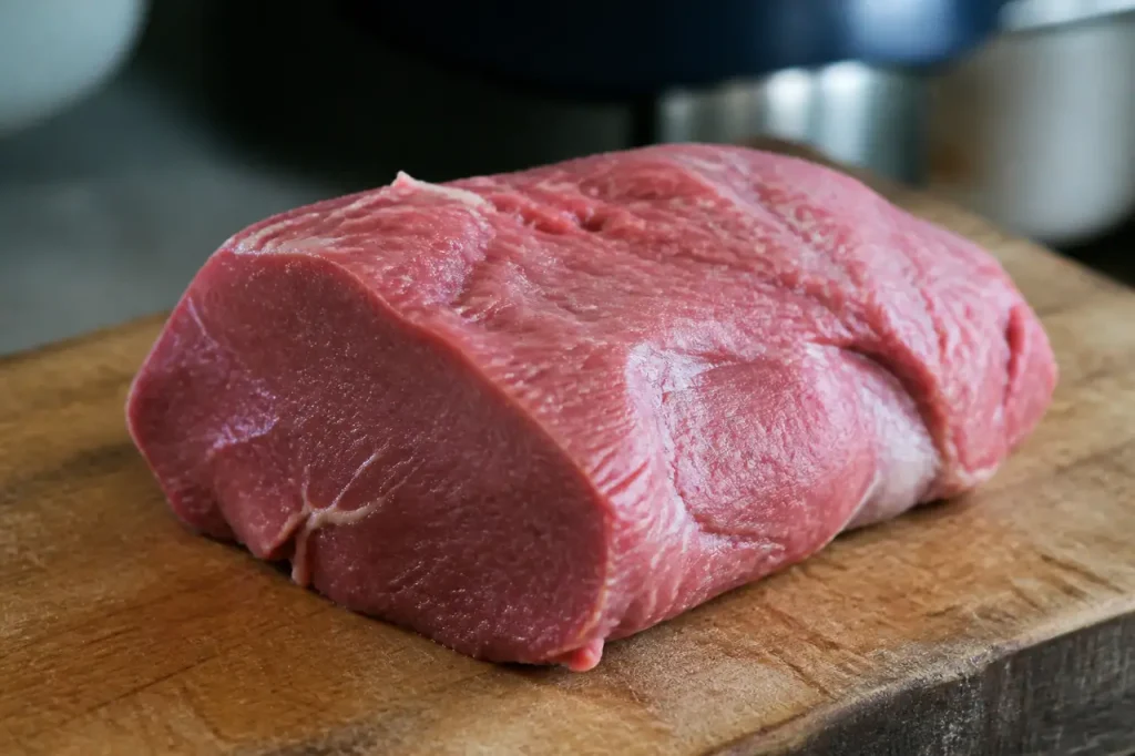 Grosse piece de viande rose sur planche en bois