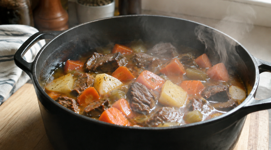 Ragout fumant servi dans casserole avec viande legumes